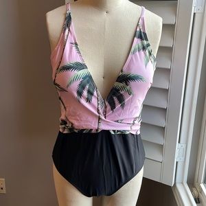 Palm print pink & black one piece L